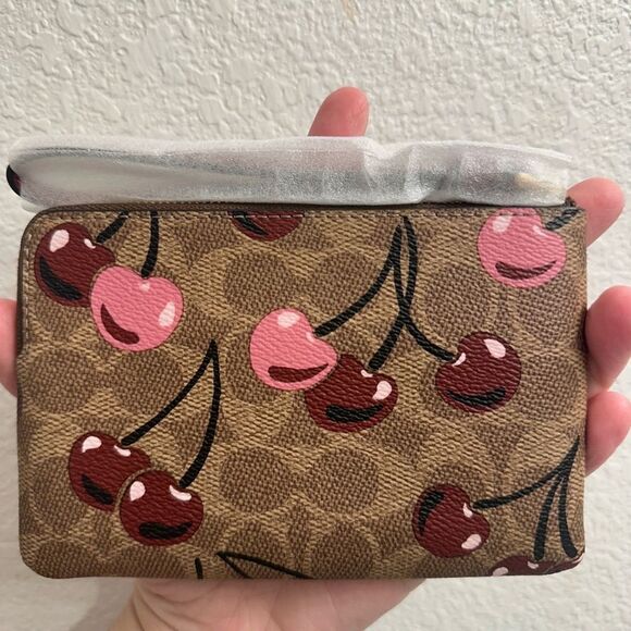 Coach Corner Zip Wristlet In Signature Canvas With Cherry Print - Picture 2 of 3